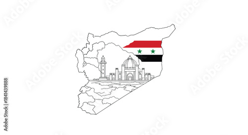 Map outline of Syria features a stylized flag overlay and iconic landmarks along a coastal skyline with minarets domes and historic buildings.