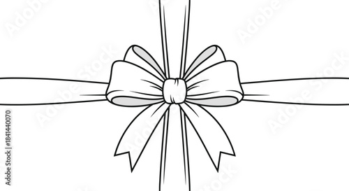 Gift bow tied with a smooth ribbon in a clean black and white line drawing suitable for gift wrap designs and greeting card illustrations.