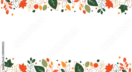 Autumn leaf border frame with colorful foliage along top and bottom creating a decorative white space suitable for invitations and posters.