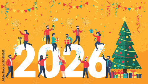 Vibrant New Year's Eve celebration with people toasting champagne, sparkling fireworks, and festive gifts around the number 2026