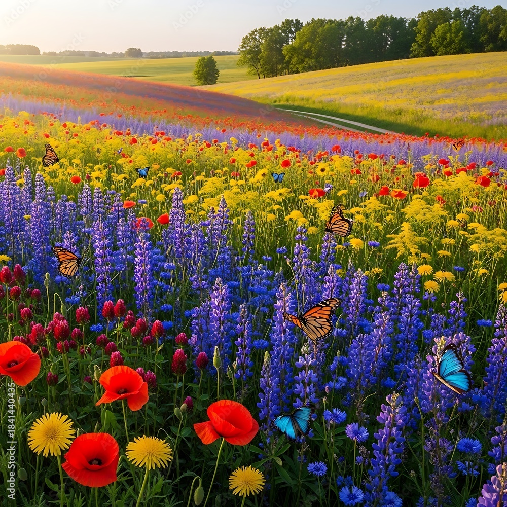 Obraz premium Vibrant Summer Meadow with Colorful Wildflowers and Butterflies at Sunset.