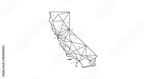 Californian geometric network map showing interconnected triangles and points across the state in a stylized abstract grid.