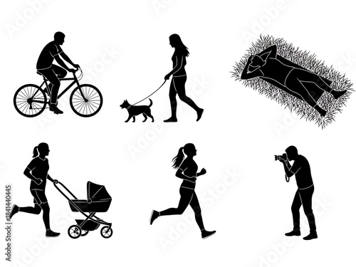 Diverse group of people engaged in various outdoor activities and hobbies shown in silhouette