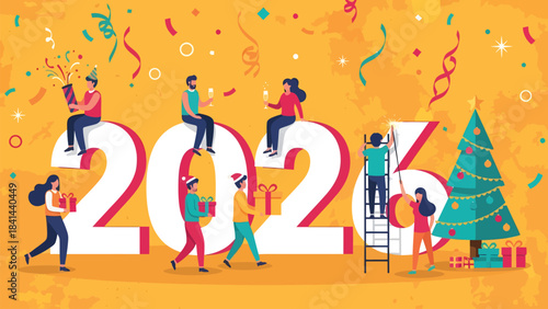 Joyful people celebrate the new year 2026 amidst festive confetti, gifts, and a sparkling Christmas tree creating vibrant holiday cheer.