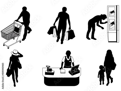 Stylized vector graphic illustrating diverse shopping experiences with people engaging in various retail and consumer activities, perfect for design projects