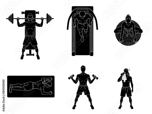 Set of fitness illustrations depicting exercise routines and workout equipment for a healthy lifestyle