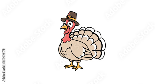 Friendly cartoon turkey wearing a pilgrim hat stands proudly against a clean white background in a bright playful illustration for children.