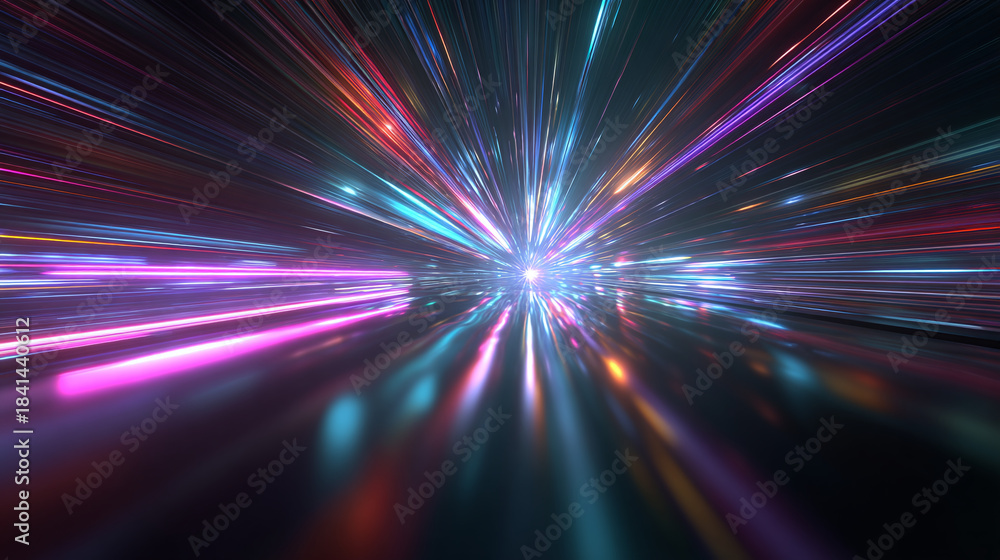 Obraz premium Abstract representation of light streaking through space, creating a dynamic visual effect, like a vibrant, colorful tunnel