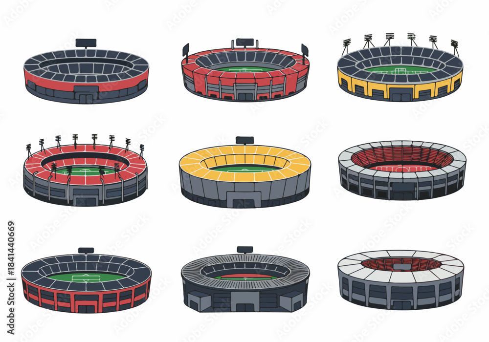 Obraz premium Isometric illustration set of various sports stadiums and arenas, featuring different designs and color schemes, perfect for sports event graphics and architectural projects.