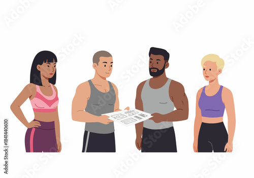 Diverse group of athletic individuals in sportswear reviewing a personalized fitness and workout plan, highlighting collaboration, health, and an active lifestyle.
