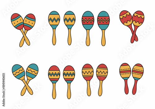 Collection of vibrant cartoon maracas with various patterns, perfect for festive Mexican and Latin American musical themes and celebrations.