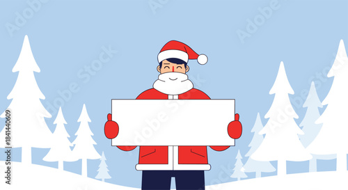 Cheerful Santa holds a blank white sign in a snowy forest under a bright blue sky with tall white trees and gentle hills that create a festive winter scene.