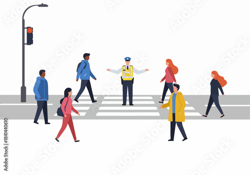 Police officer directing diverse pedestrians safely across a zebra crossing with a traffic light, symbolizing urban order and community.