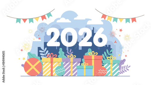 Celebrate the exciting arrival of 2026 with vibrant gifts, festive fireworks, and a cityscape backdrop creating pure joy and anticipation for the future