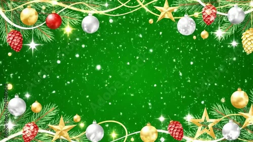 Festive Christmas Frame with Ornaments, Pinecones, and Falling Snow on Green Screen Background