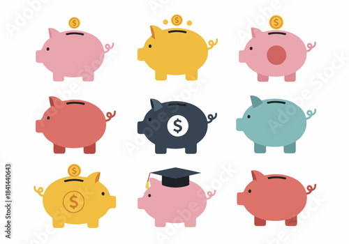 Colorful Piggy Banks Collection Representing Savings, Investment, and Education Finance Concepts in a Grid Layout