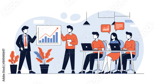 Team presents data charts and discusses growth insights during a collaborative office meeting with laptops and charts on display.
