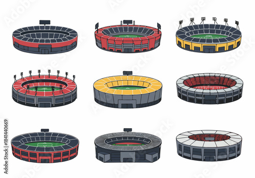 Isometric illustration set of various sports stadiums and arenas, featuring different designs and color schemes, perfect for sports event graphics and architectural projects.