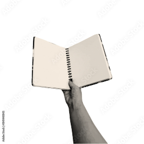 Halftone collage hand holds his notebook. Retro vector illustration.