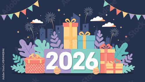 Celebrate the vibrant arrival of 2026 with festive gifts, city skyline, and dazzling fireworks lighting up the night sky