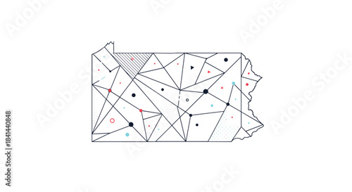 Abstract geometric map design with interconnected triangles and scattered colored dots illustrating complex networks on a state silhouette.