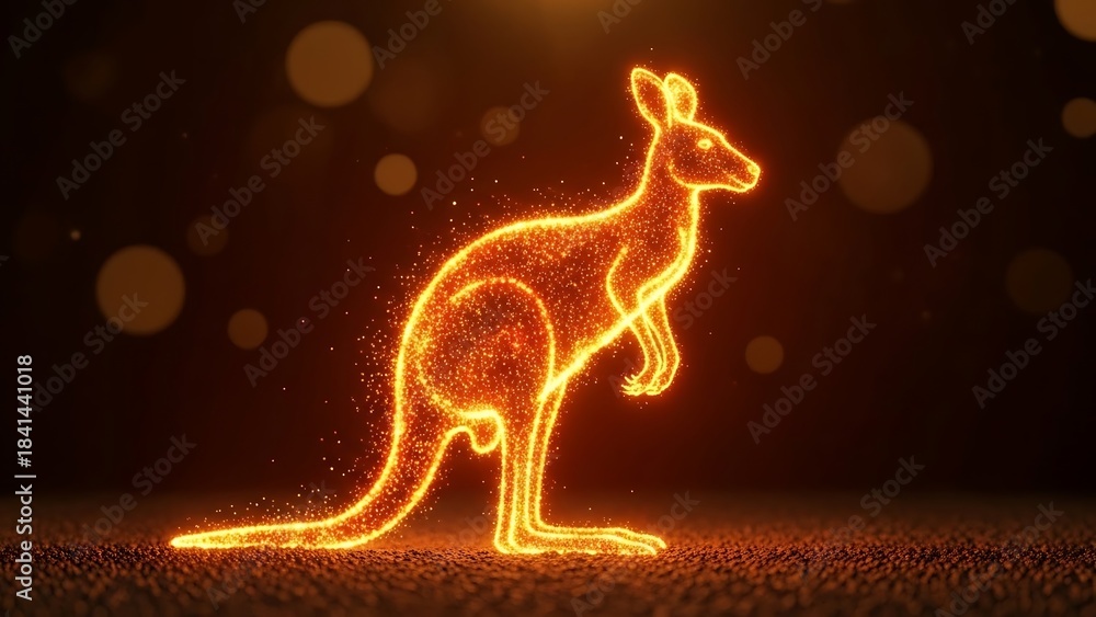 Fototapeta premium Fiery silhouette of a kangaroo formed from glowing embers and particles against a dark background