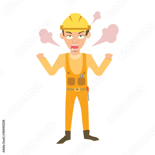 Angry construction worker shouting with steam coming out of his ears. Concept of rage
