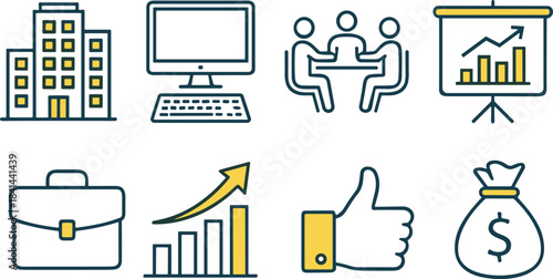 Business icons, office building, teamwork meeting, desktop computer, presentation board, growth chart, briefcase, thumbs up, money bag, financial success, corporate strategy, professional tools,