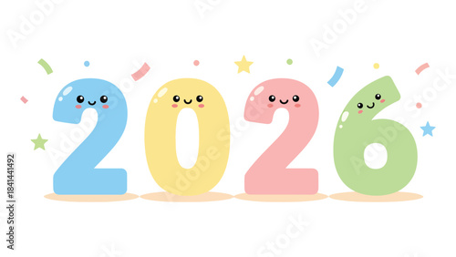 Cute kawaii numbers celebrate the exciting arrival of the year 2026 with festive confetti and cheerful stars, perfect for joyful announcements.