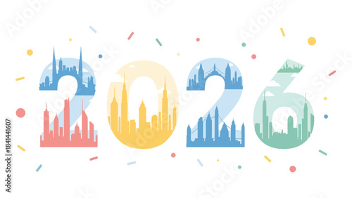 Vibrant 2026 cityscape numbers celebrate future growth and modern urban development with colorful confetti, perfect for New Year's and business planning.
