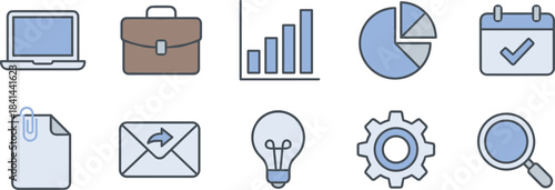 A collection of business and technology-related icons including a laptop, briefcase, charts, calendar, document, email, lightbulb, gear, and magnifying glass.