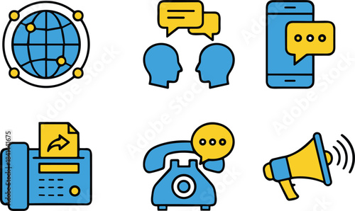 Communication method icons, global network, face-to-face talk, mobile message, fax, landline call, megaphone, broadcast, digital