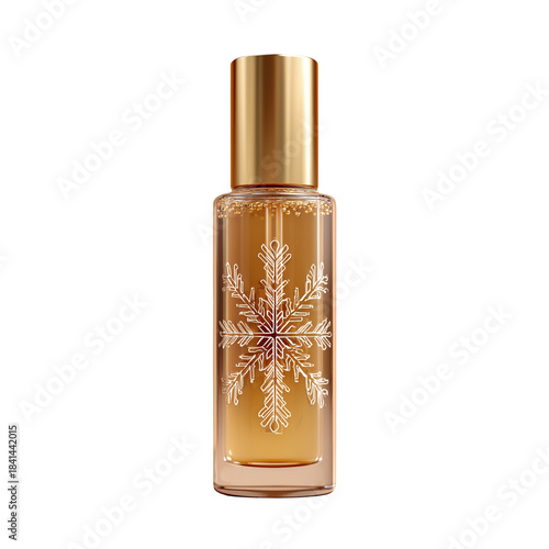 A bottle of luxurious perfume with a gold cap and a beautifully engraved snowflake design