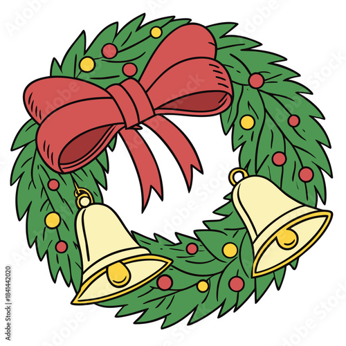 A festive Christmas wreath made of green pine branches, decorated with red and gold ornaments, a large red ribbon bow at the top, and golden bells hanging at the bottom.