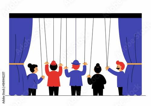 Five diverse figures acting as puppeteers behind a stage curtain, illustrating concepts of control, manipulation, power, and hidden influence in a simplified vector illustration.