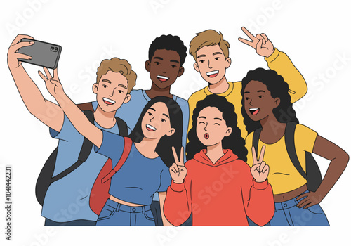 Happy diverse youth group taking a joyful selfie, making peace signs. Friendship and modern social connection illustration on white background.