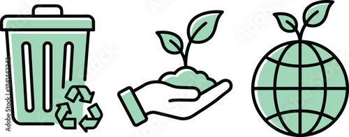 Environmental sustainability icons, recycling bin, sprouting plant, globe with leaves, eco care, green growth, nature, conservation, Earth