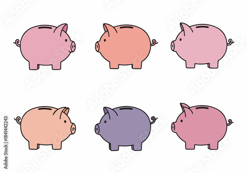 Six colorful cartoon piggy banks illustrating diverse financial savings, investment, and wealth management concepts on a clean white background.