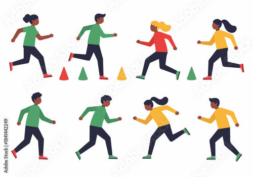 Diverse Group of People Running and Exercising with Cones in a Colorful Flat Design Vector Illustration.