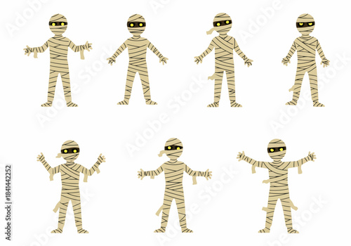 Collection of various cartoon mummies with glowing eyes in different poses, perfect for Halloween and spooky designs.