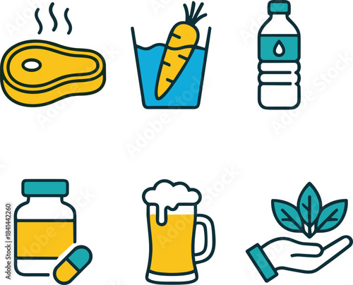 Food and health icons, steak, carrot water, plastic bottle, medicine, beer mug, eco hand, nutrition, wellness, lifestyle
