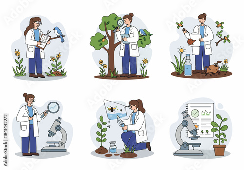 Environmental Science Research: Scientists Study Nature, Plants, Insects, and Birds in Field and Lab, Highlighting Ecological Investigation and Biological Discovery.