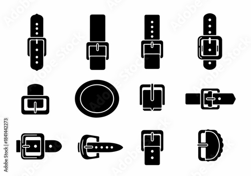 Diverse Collection of Black Silhouette Belt Buckle and Strap Icons. A variety of fastening elements for clothing, bags, and accessories.