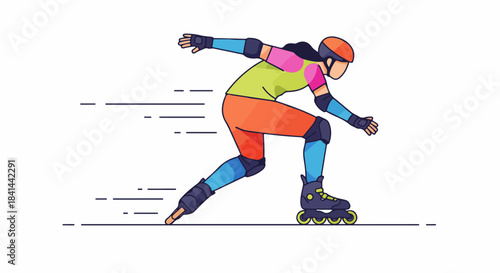 Dynamic Rollerblader in Colorful Protective Gear Illustration. Speed and Movement in Inline Skating.