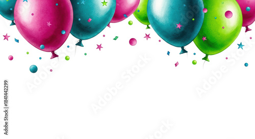 high-resolution watercolor illustration of magenta, teal, and lime green helium balloons floating upwards with metallic confetti, against white copy space for a banner. Birthday celebration atmosphere