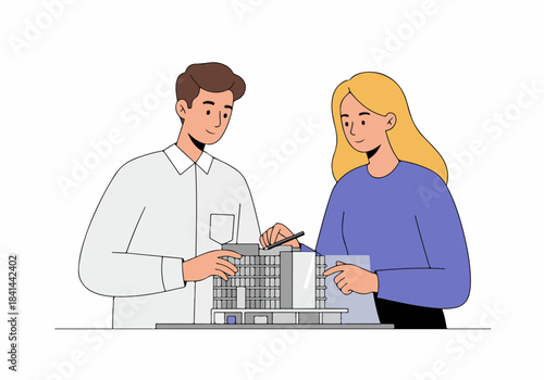 Architects collaborating on a building model, discussing design and construction plans for a new development project.