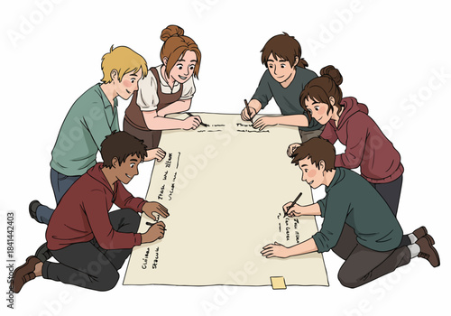 Young diverse team collaborating on a creative project, writing ideas on a large paper. Group brainstorming session, teamwork, and planning with enthusiasm in a clear illustration style.