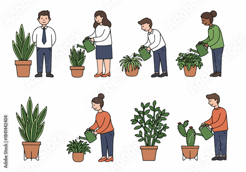 Diverse people nurturing various potted houseplants with watering cans, illustrating care, growth, and home gardening activities.