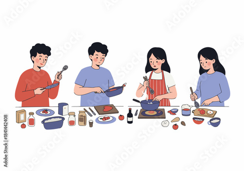 Friends or family cooking together. A diverse group of young adults preparing meals, enjoying teamwork and culinary activities in a fun, illustrative style.