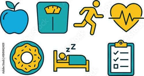 Healthy lifestyle icons, apple, scale, running, heart, donut, sleep, checklist, wellness, fitness, nutrition, exercise, rest, health, food, habits, planning, illustration, balance